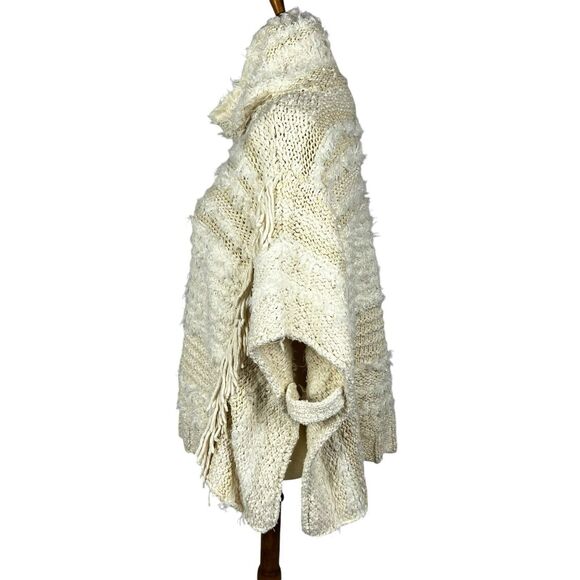 Anthropologie Marilyn Ivory Fringed Boho Cowl Oversized Knit Poncho Sweater XS S - Picture 2 of 10